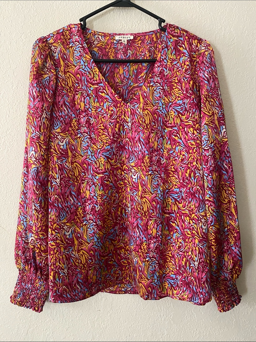 JODIFL Pink Magenta Yellow Blue V-Neck Long Sleeve Blouse - Picture 2 of 11